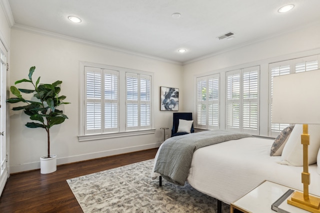 5510 Monticello Ave, Dallas, TX 75206 - bedroom featuring ornamental molding, baseboards, dark wood-type flooring, and recessed lighting