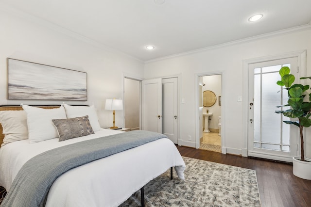 5510 Monticello Ave, Dallas, TX 75206 - bedroom featuring ornamental molding, wood finished floors, ensuite bath, recessed lighting, and baseboards