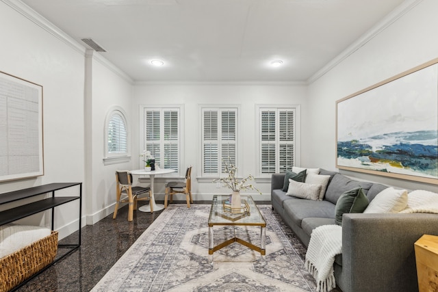 5510 Monticello Ave, Dallas, TX 75206 - living room featuring granite tiled floors, crown molding, baseboards, and recessed lighting