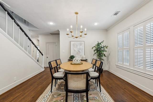 5510 Monticello Ave, Dallas, TX 75206 - dining area featuring a chandelier, stairs, dark wood finished floors, crown molding, and baseboards