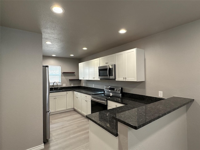 2401 N Alexander St, Sherman, TX 75092 - kitchen with stainless steel appliances, a sink, a peninsula, recessed lighting, and light wood-style floors