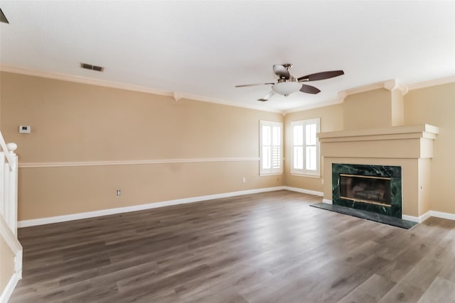 226 Miramar Dr, Arlington, TX 76002 - unfurnished living room featuring ornamental molding, a ceiling fan, baseboards, and wood finished floors