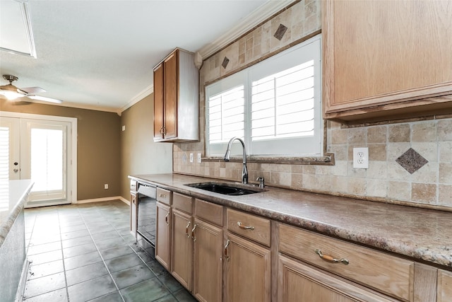 226 Miramar Dr, Arlington, TX 76002 - kitchen featuring a sink, dishwashing machine, ornamental molding, backsplash, and tile patterned floors