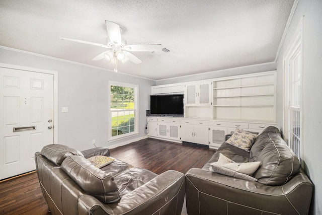 702 W Simmons St, Weatherford, TX 76086 - living area with ornamental molding, dark wood-style flooring, and ceiling fan