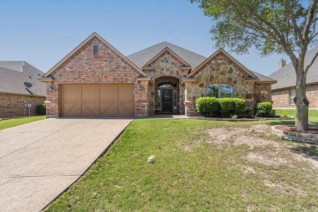 106 Versailles Ln, Aledo, TX 76008 - french country style house featuring an attached garage, driveway, brick siding, and a front lawn