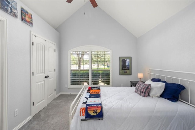 106 Versailles Ln, Aledo, TX 76008 - bedroom with carpet, high vaulted ceiling, ceiling fan, baseboards, and a closet