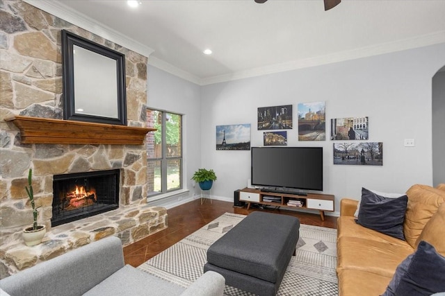 106 Versailles Ln, Aledo, TX 76008 - living area with a fireplace, crown molding, baseboards, and arched walkways