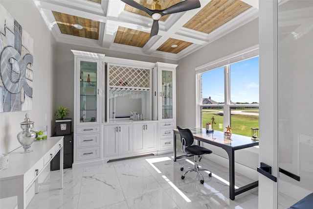 10901 Chriswood Dr, Crowley, TX 76036 - office featuring ornamental molding, coffered ceiling, beamed ceiling, and light marble finish flooring