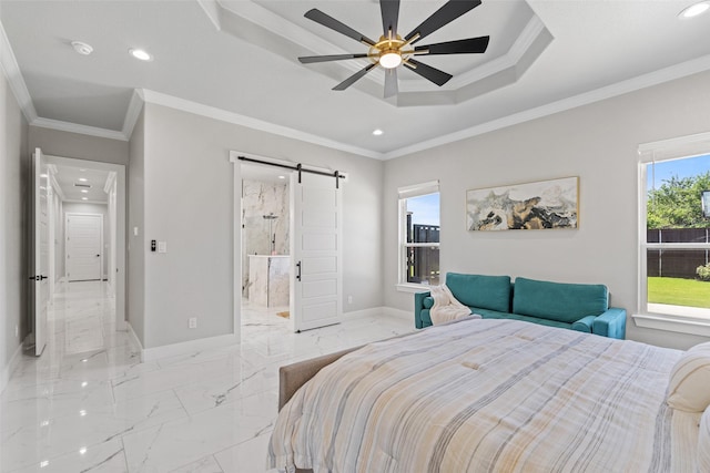 10901 Chriswood Dr, Crowley, TX 76036 - bedroom featuring a barn door, light marble finish floors, recessed lighting, baseboards, and ornamental molding
