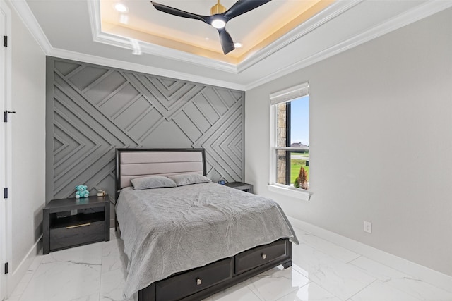 10901 Chriswood Dr, Crowley, TX 76036 - bedroom with baseboards, light marble finish flooring, a tray ceiling, and crown molding