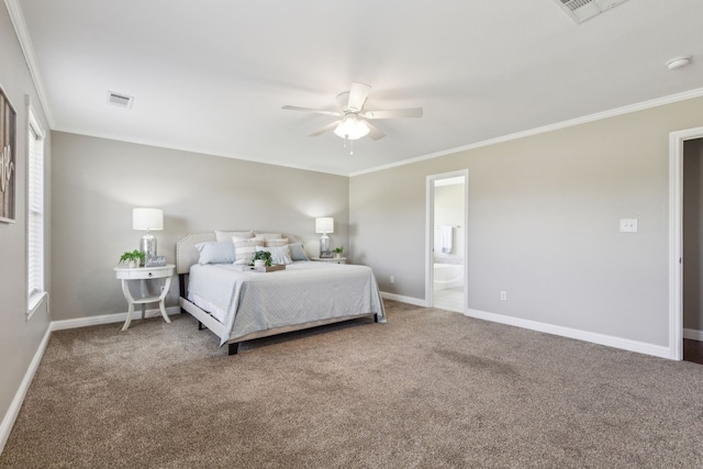 830 Cross Timbers Dr, Lowry Crossing, TX 75069 - carpeted bedroom featuring baseboards, crown molding, connected bathroom, and a ceiling fan