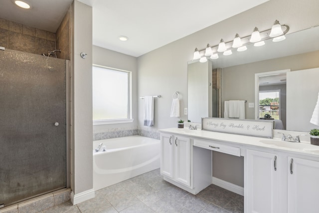 830 Cross Timbers Dr, Lowry Crossing, TX 75069 - full bath with a stall shower, double vanity, a bath, and tile patterned floors