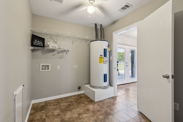 830 Cross Timbers Dr, Lowry Crossing, TX 75069 - laundry room featuring water heater, hookup for a washing machine, ceiling fan, french doors, and baseboards