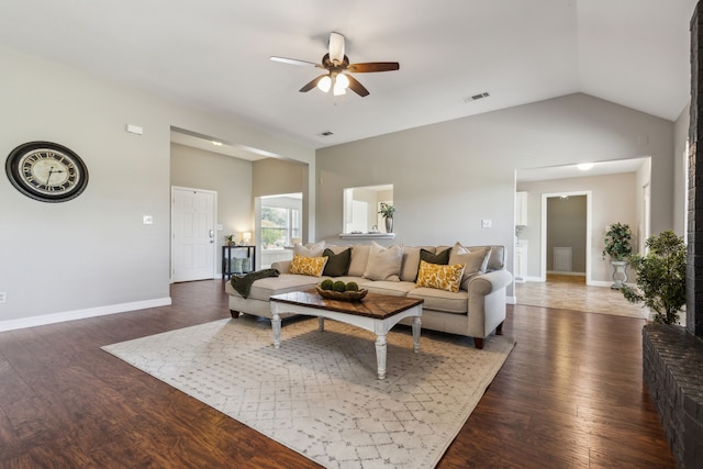 830 Cross Timbers Dr, Lowry Crossing, TX 75069 - living area with a ceiling fan, wood finished floors, vaulted ceiling, and baseboards