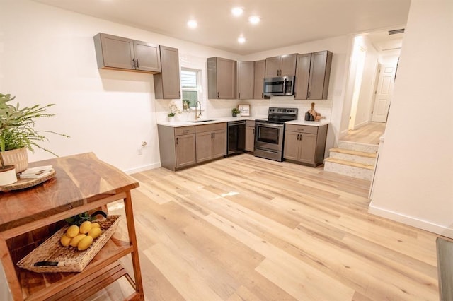 1917 E Mulberry St, Sherman, TX 75090 - kitchen featuring stainless steel appliances, light wood finished floors, baseboards, gray cabinetry, and recessed lighting