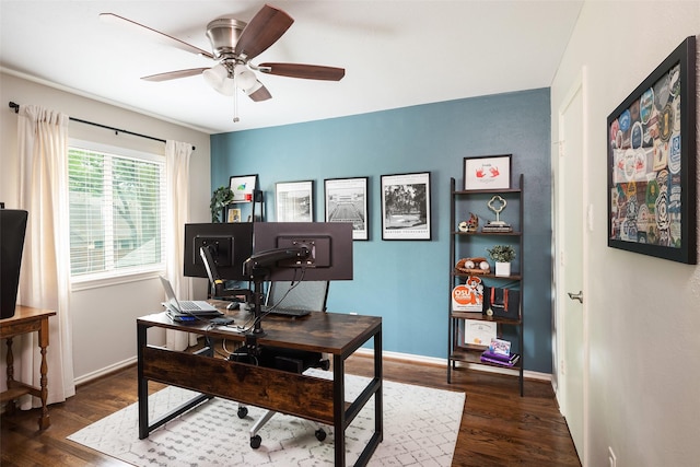 9030 Summer Glen Ln, Dallas, TX 75243 - office area featuring wood finished floors, ceiling fan, and baseboards