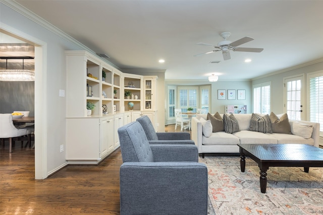 9030 Summer Glen Ln, Dallas, TX 75243 - living room with ornamental molding, a ceiling fan, dark wood-style floors, recessed lighting, and baseboards