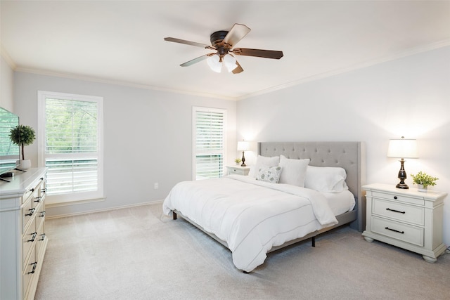 9030 Summer Glen Ln, Dallas, TX 75243 - bedroom with ornamental molding, light colored carpet, multiple windows, baseboards, and a ceiling fan