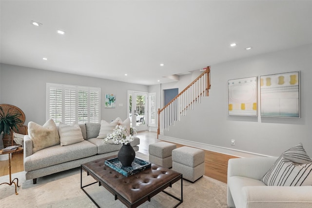 4356 San Carlos St, University Park, TX 75205 - living area featuring stairway, light wood finished floors, recessed lighting, and baseboards