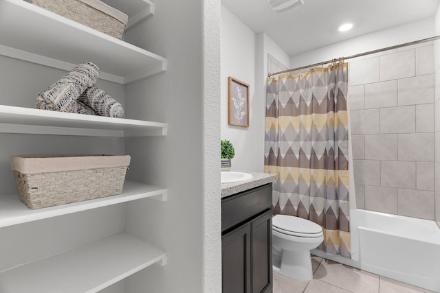 16316 Caledonia Ct, Justin, TX 76247 - full bathroom with toilet, tile patterned floors, shower / bathtub combination with curtain, and vanity