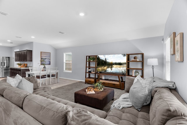16316 Caledonia Ct, Justin, TX 76247 - living area with baseboards, vaulted ceiling, and recessed lighting