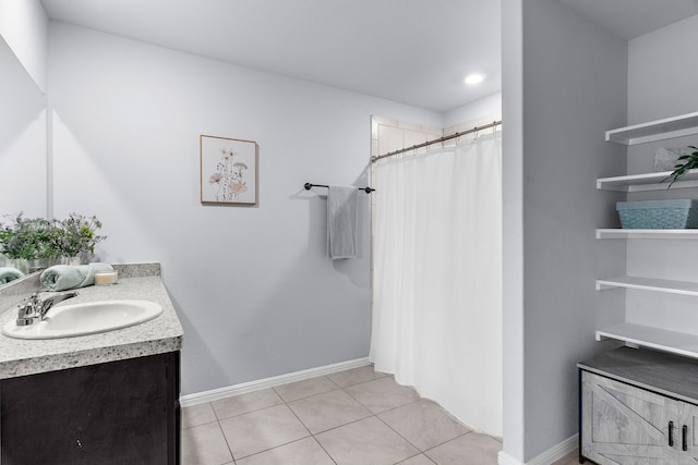 16316 Caledonia Ct, Justin, TX 76247 - full bath featuring vanity, tile patterned floors, a shower with shower curtain, and baseboards