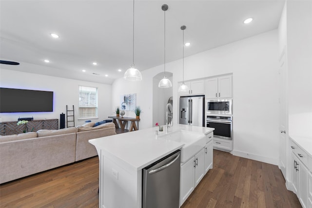 2020 Rhea Ct, Celina, TX 75009 - kitchen with appliances with stainless steel finishes, recessed lighting, dark wood-style floors, light countertops, and white cabinets