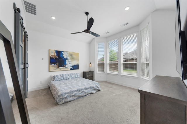 2020 Rhea Ct, Celina, TX 75009 - bedroom with light colored carpet, baseboards, vaulted ceiling, recessed lighting, and ceiling fan