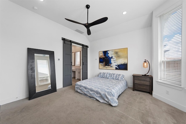 2020 Rhea Ct, Celina, TX 75009 - carpeted bedroom featuring a barn door, multiple windows, lofted ceiling, baseboards, and recessed lighting