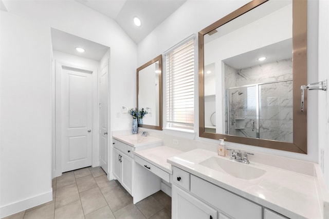 2020 Rhea Ct, Celina, TX 75009 - bathroom featuring a marble finish shower, vanity, healthy amount of natural light, tile patterned floors, and recessed lighting