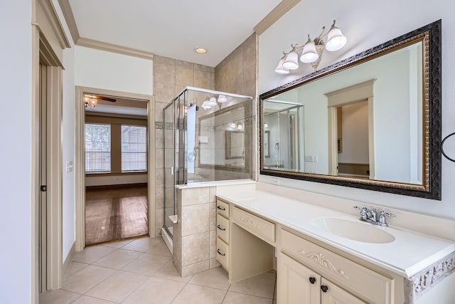 7341 Chadwick Dr, Mckinney, TX 75072 - full bathroom featuring vanity, tile patterned flooring, and a stall shower
