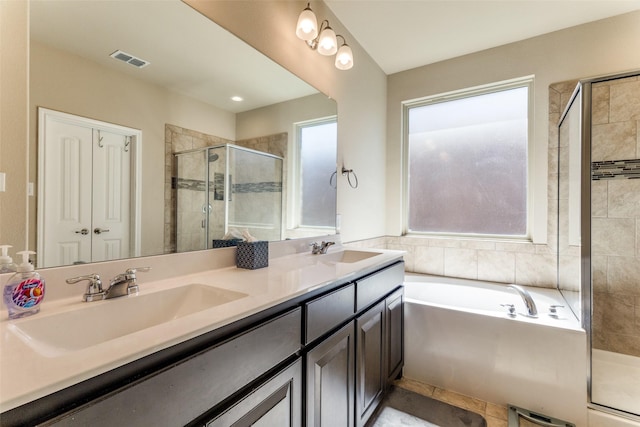 5212 Sugarcane Ln, Fort Worth, TX 76179 - bathroom featuring a stall shower, double vanity, and a bath