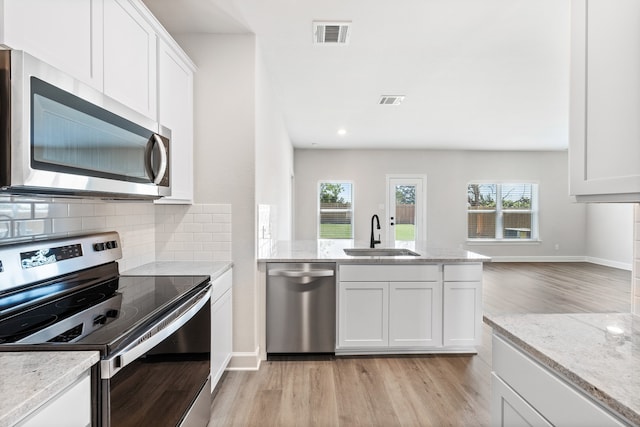 1025 Pecan Pl, Hutchins, TX 75141 - kitchen with stainless steel appliances, a sink, light wood-style floors, a peninsula, and tasteful backsplash
