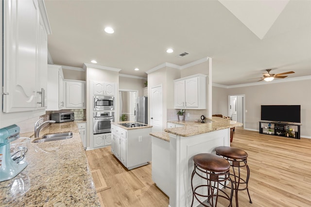 1 Parkside Cir, Allen, TX 75013 - kitchen featuring appliances with stainless steel finishes, a sink, open floor plan, a peninsula, and ornamental molding