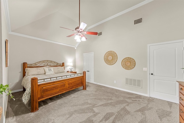 1 Parkside Cir, Allen, TX 75013 - carpeted bedroom with crown molding, high vaulted ceiling, baseboards, and a ceiling fan