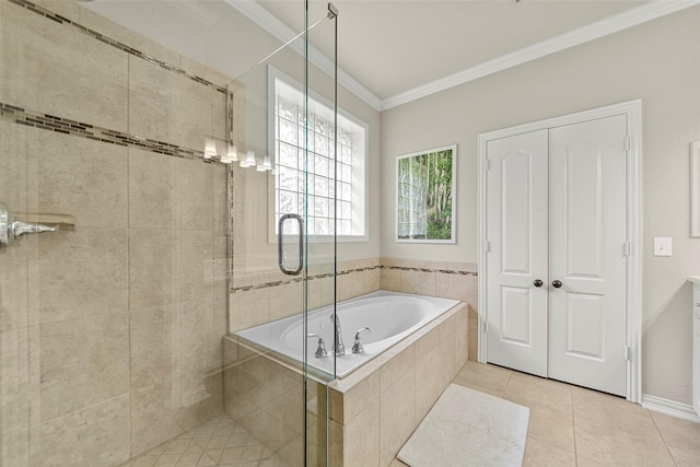 1 Parkside Cir, Allen, TX 75013 - bathroom featuring a bath, a stall shower, ornamental molding, and tile patterned floors