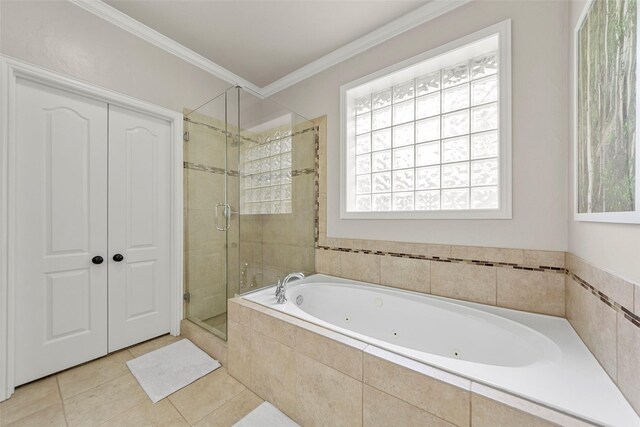 1 Parkside Cir, Allen, TX 75013 - bathroom featuring a shower stall, a whirlpool tub, plenty of natural light, crown molding, and tile patterned floors