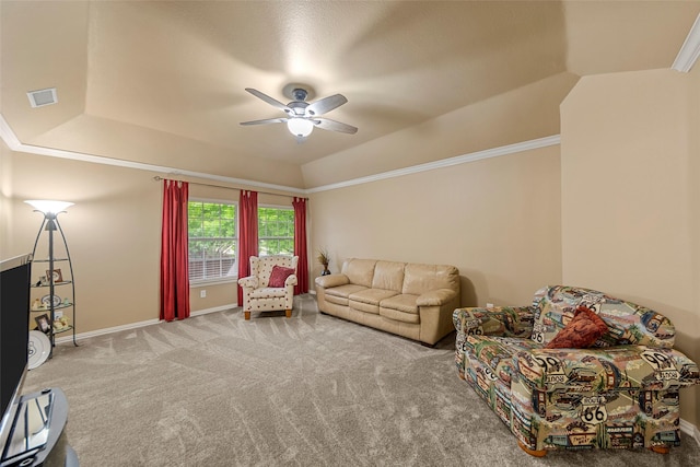 1 Parkside Cir, Allen, TX 75013 - carpeted living room with ceiling fan, baseboards, a raised ceiling, lofted ceiling, and ornamental molding