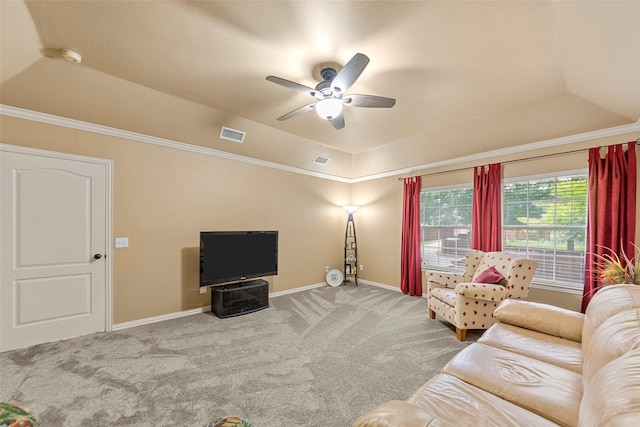 1 Parkside Cir, Allen, TX 75013 - living room featuring a raised ceiling, carpet floors, a ceiling fan, ornamental molding, and baseboards
