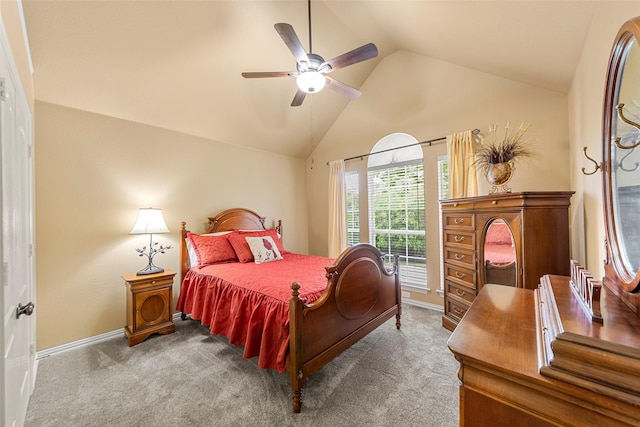 1 Parkside Cir, Allen, TX 75013 - carpeted bedroom with baseboards, high vaulted ceiling, and a ceiling fan