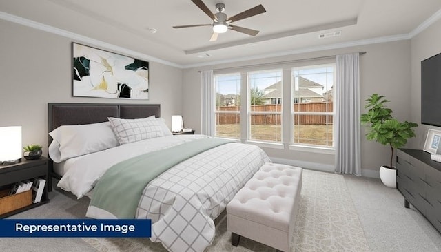 14897 Grand Highlands, Frisco, TX 75035 - carpeted bedroom with a raised ceiling, baseboards, crown molding, and ceiling fan