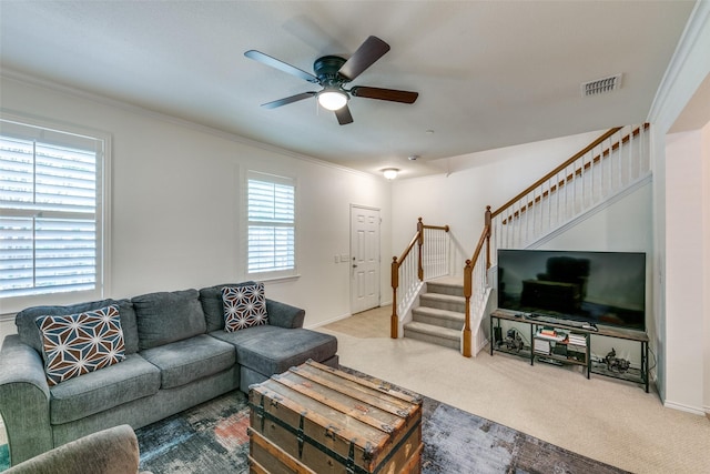 3005 Stone Forest Cir, Mckinney, TX 75070 - living area featuring stairs, carpet floors, ceiling fan, crown molding, and baseboards