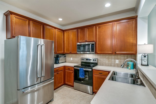 3005 Stone Forest Cir, Mckinney, TX 75070 - kitchen with stainless steel appliances, a sink, light countertops, brown cabinets, and recessed lighting