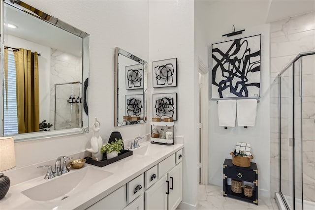 3906 Chesapeake Ln, Crandall, TX 75114 - full bathroom featuring marble look tile flooring, a shower stall, double vanity, and a baseboard heating unit