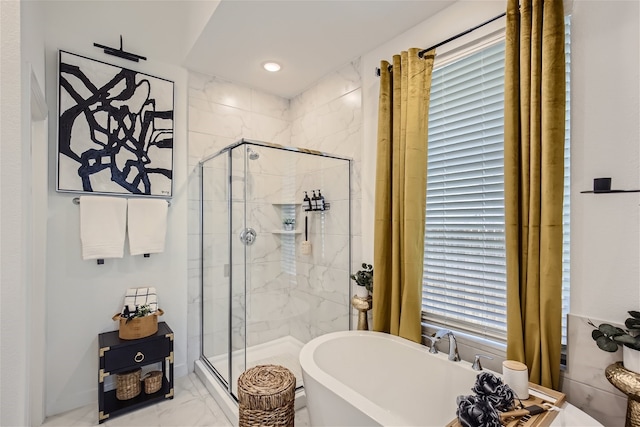 3906 Chesapeake Ln, Crandall, TX 75114 - bathroom with marble finish floors, a freestanding bath, and a shower stall