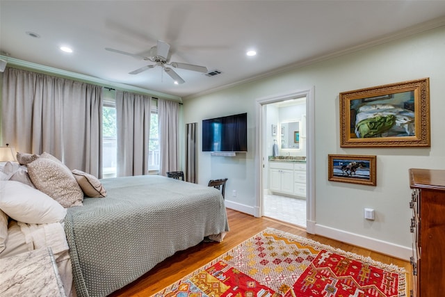 533 Newell Ave, Dallas, TX 75223 - bedroom featuring baseboards, crown molding, light wood-type flooring, connected bathroom, and recessed lighting