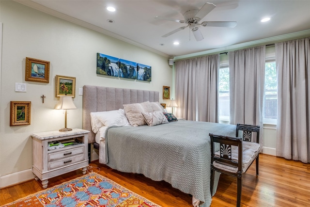 533 Newell Ave, Dallas, TX 75223 - bedroom featuring ornamental molding, wood finished floors, recessed lighting, baseboards, and ceiling fan