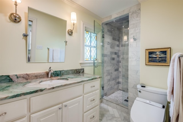 533 Newell Ave, Dallas, TX 75223 - bathroom with vanity, toilet, a shower stall, and ornamental molding