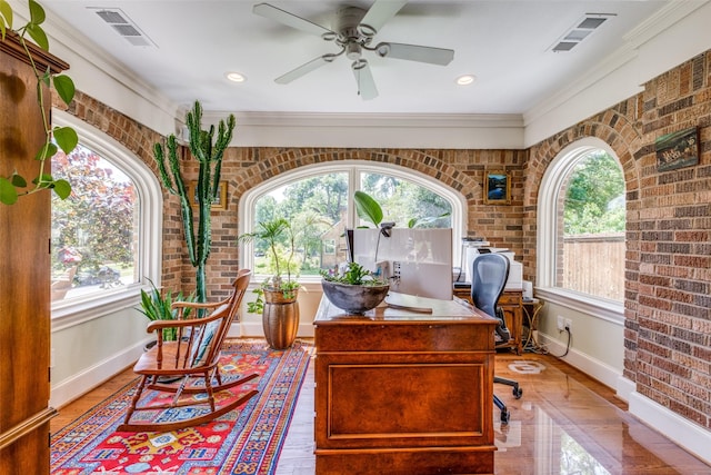 533 Newell Ave, Dallas, TX 75223 - office space featuring baseboards, brick wall, ceiling fan, crown molding, and recessed lighting
