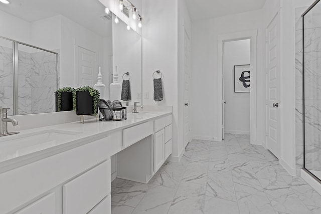9305 Derry Ln, Aubrey, TX 76227 - bathroom featuring marble look tiles, a marble finish shower, double vanity, and baseboards